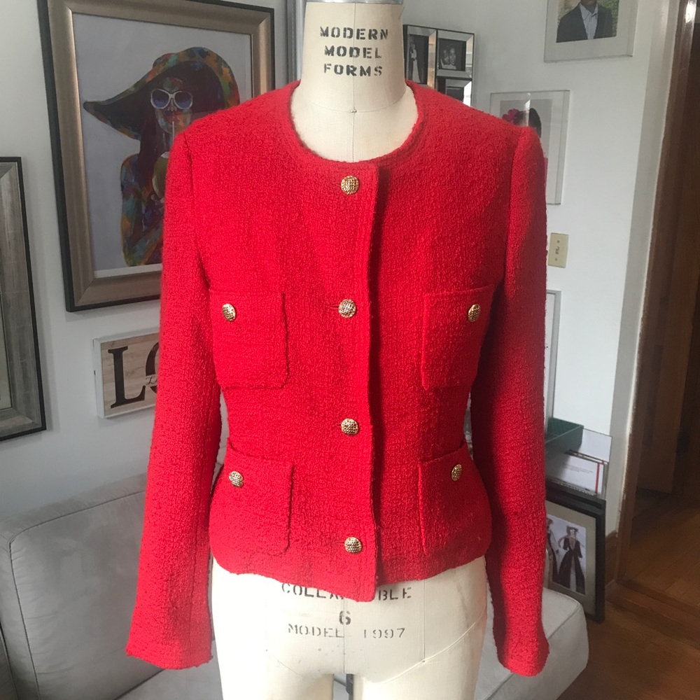 Red Boucle 4-Pocket Jacket, Size 14 Valentines Old Money Preppy